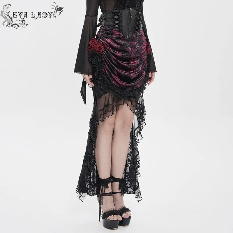 Gothic-Rock für Damen mit Rosenmuster, Schnürung und asymmetrischem Saum, Schwarz-Rot