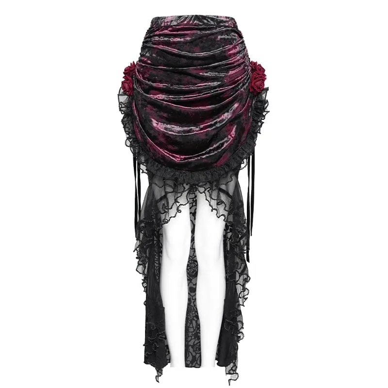 Gothic-Rock für Damen mit Rosenmuster, Schnürung und asymmetrischem Saum, Schwarz-Rot