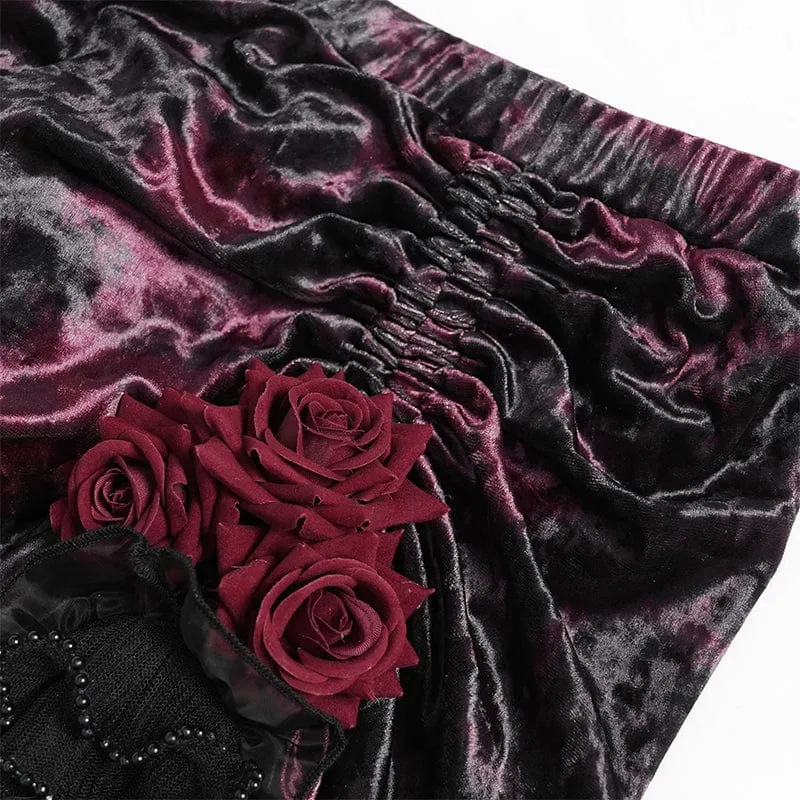 Gothic-Rock für Damen mit Rosenmuster, Schnürung und asymmetrischem Saum, Schwarz-Rot