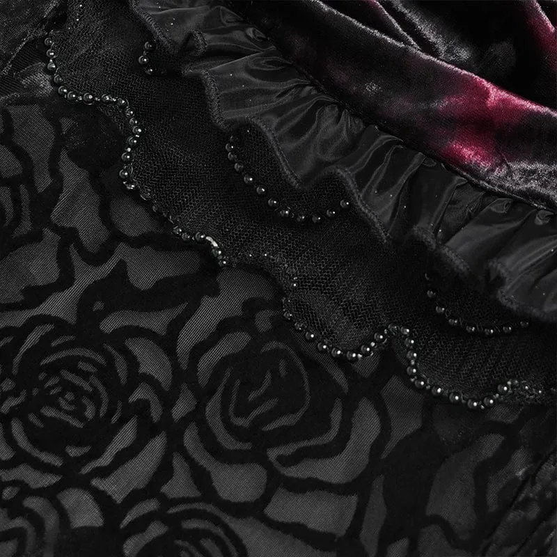 Gothic-Rock für Damen mit Rosenmuster, Schnürung und asymmetrischem Saum, Schwarz-Rot