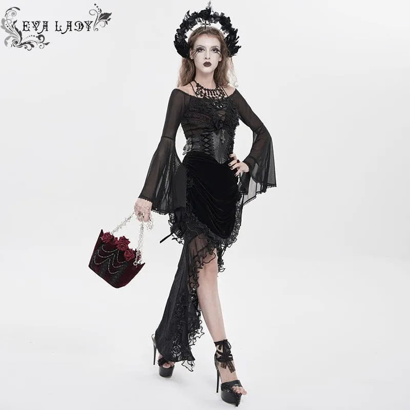 Schwarzer Gothic-Rock mit Rosenmuster, Schnürung und unregelmäßigem Saum für Damen