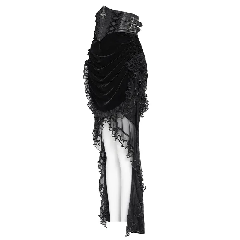 Schwarzer Gothic-Rock mit Rosenmuster, Schnürung und unregelmäßigem Saum für Damen
