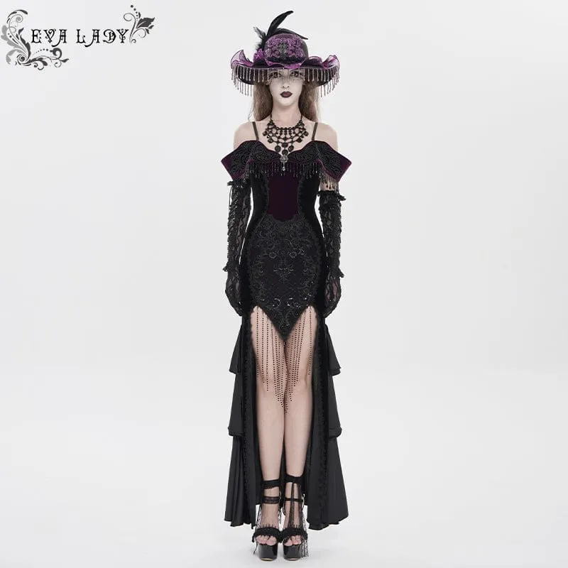 Gothic-Kleid mit Blumenstickerei und Quasten, schulterfrei, schwarz-lila