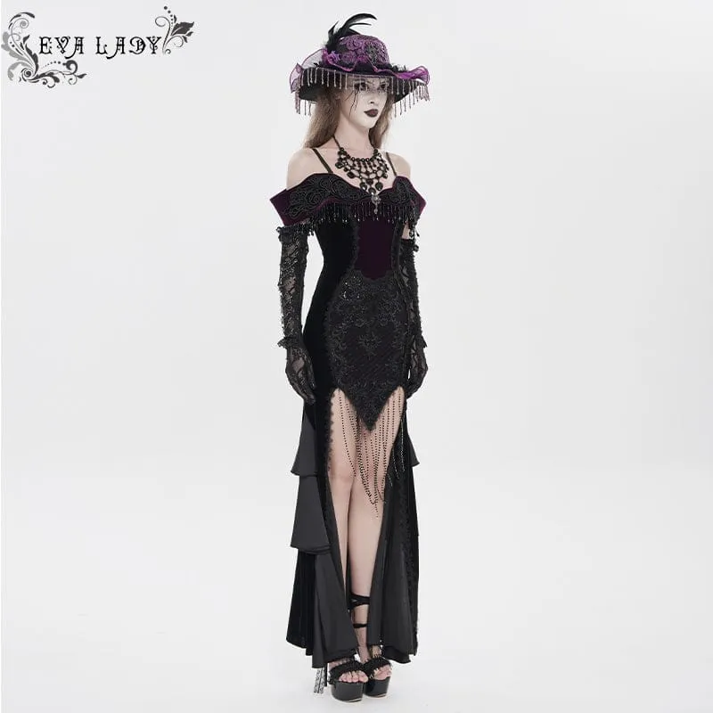 Gothic-Kleid mit Blumenstickerei und Quasten, schulterfrei, schwarz-lila