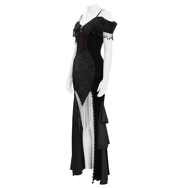 Gothic-Kleid mit Blumenstickerei und Quasten, schulterfrei, schwarz-lila