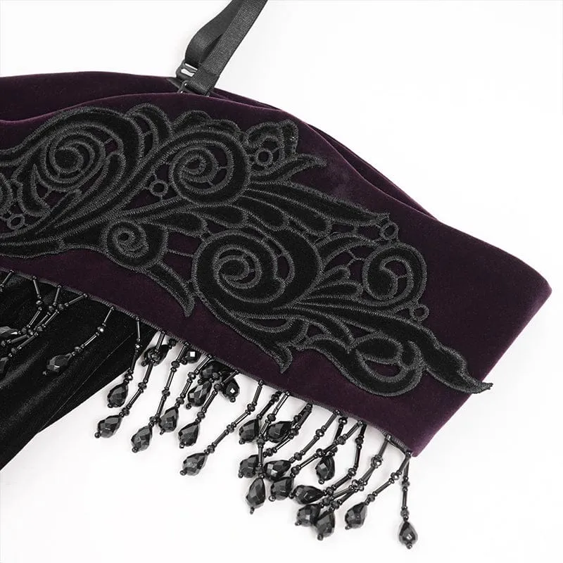 Gothic-Kleid mit Blumenstickerei und Quasten, schulterfrei, schwarz-lila