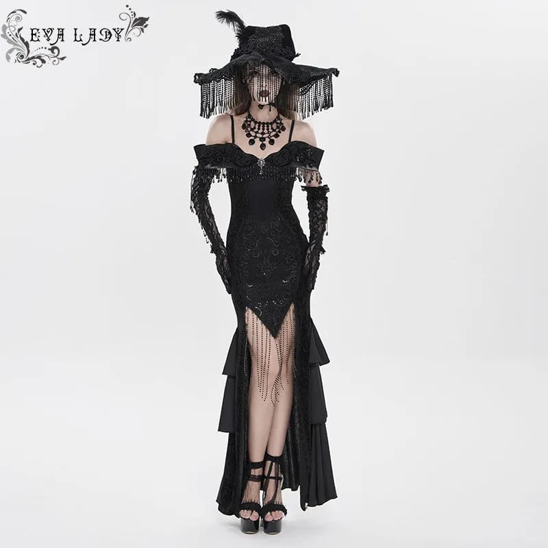 Schwarzes, gotisches Damen-Slipkleid mit Blumenstickerei und Quasten, schulterfrei, für Hochzeiten