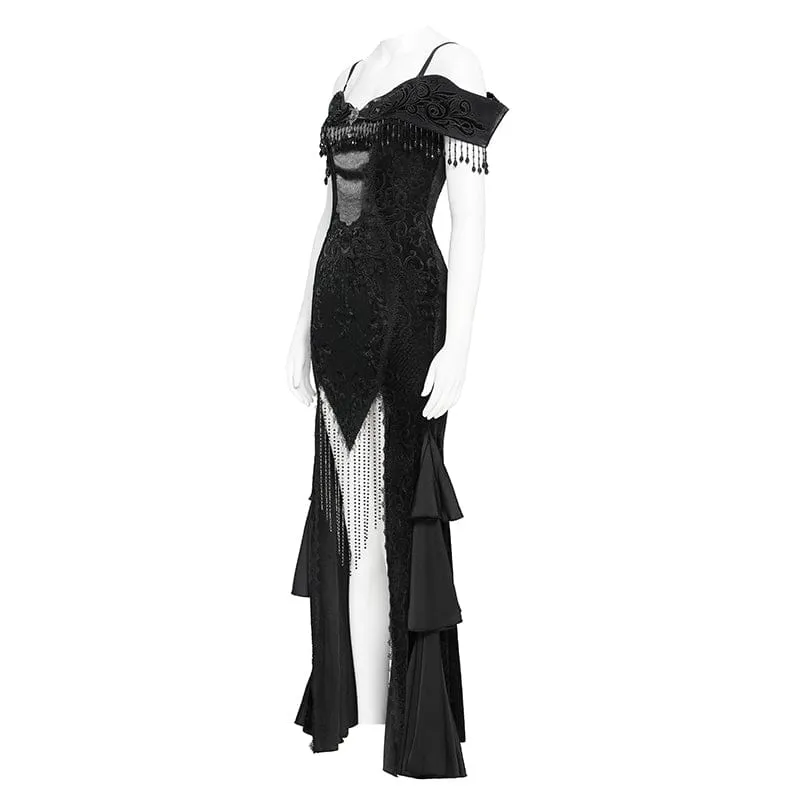 Schwarzes, gotisches Damen-Slipkleid mit Blumenstickerei und Quasten, schulterfrei, für Hochzeiten