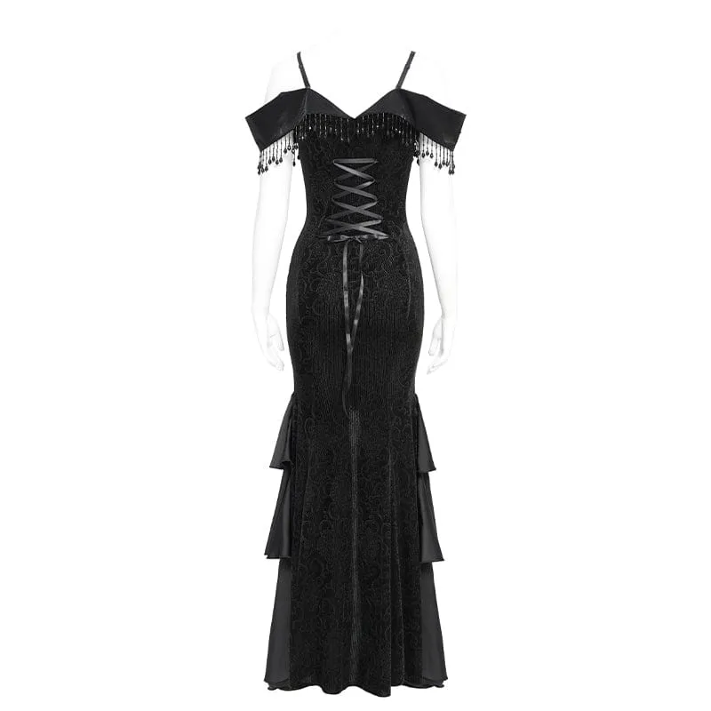 Schwarzes, gotisches Damen-Slipkleid mit Blumenstickerei und Quasten, schulterfrei, für Hochzeiten