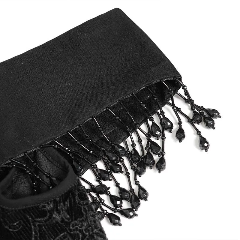 Schwarzes, gotisches Damen-Slipkleid mit Blumenstickerei und Quasten, schulterfrei, für Hochzeiten