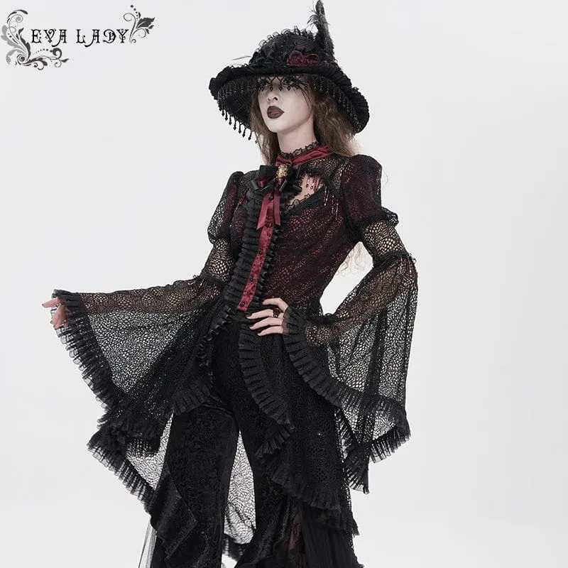 Gothic-Damenbluse mit Cut-outs, Perlenbesatz und ausgestellten Ärmeln, Schwarz-Rot