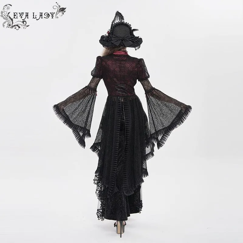 Gothic-Damenbluse mit Cut-outs, Perlenbesatz und ausgestellten Ärmeln, Schwarz-Rot