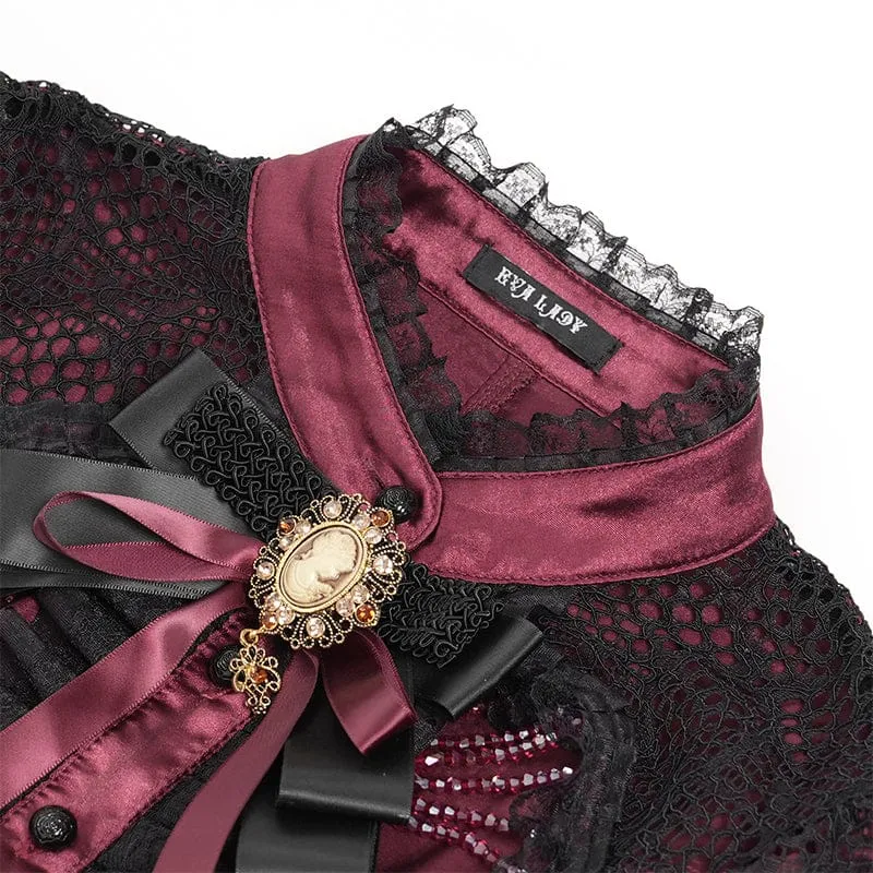Gothic-Damenbluse mit Cut-outs, Perlenbesatz und ausgestellten Ärmeln, Schwarz-Rot