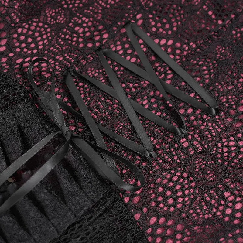 Gothic-Damenbluse mit Cut-outs, Perlenbesatz und ausgestellten Ärmeln, Schwarz-Rot