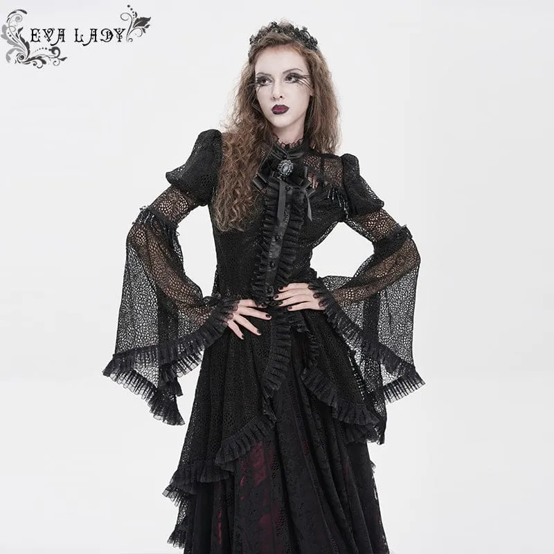 Schwarzes Gothic-Damenhemd mit Cut-outs, Perlenbesatz und ausgestellten Ärmeln