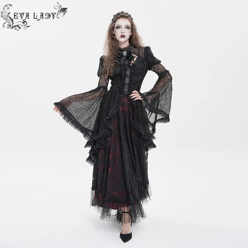 Schwarzes Gothic-Damenhemd mit Cut-outs, Perlenbesatz und ausgestellten Ärmeln