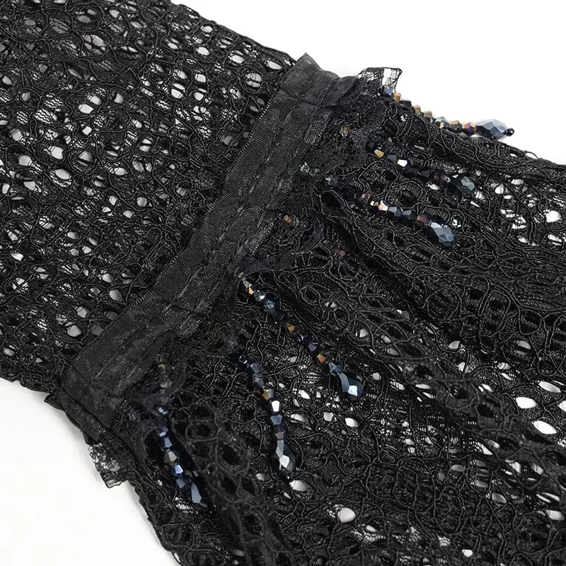 Schwarzes Gothic-Damenhemd mit Cut-outs, Perlenbesatz und ausgestellten Ärmeln