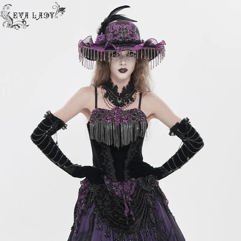 Gothic-Korsett für Damen mit Stickereien, Quasten und Schnürung, schwarz-lila