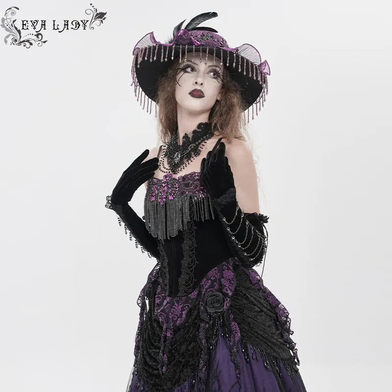 Gothic-Korsett für Damen mit Stickereien, Quasten und Schnürung, schwarz-lila