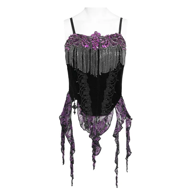 Gothic-Korsett für Damen mit Stickereien, Quasten und Schnürung, schwarz-lila