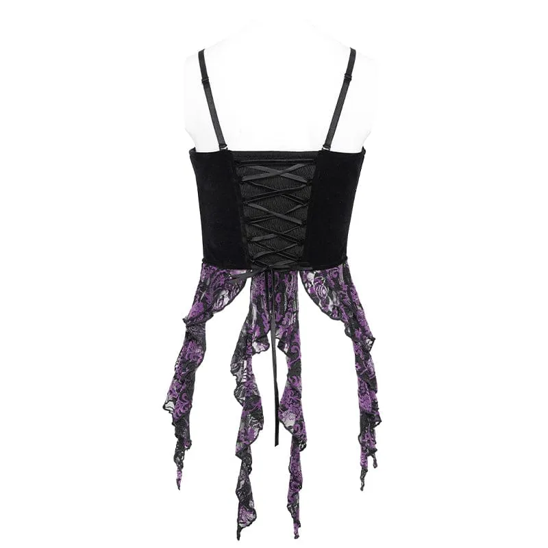 Gothic-Korsett für Damen mit Stickereien, Quasten und Schnürung, schwarz-lila
