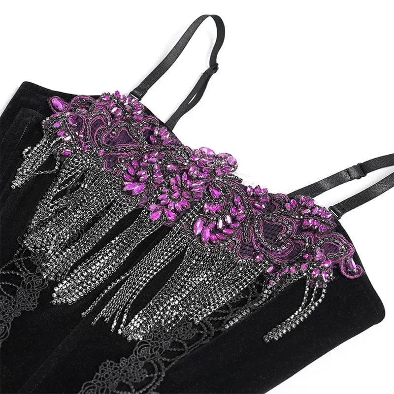 Gothic-Korsett für Damen mit Stickereien, Quasten und Schnürung, schwarz-lila