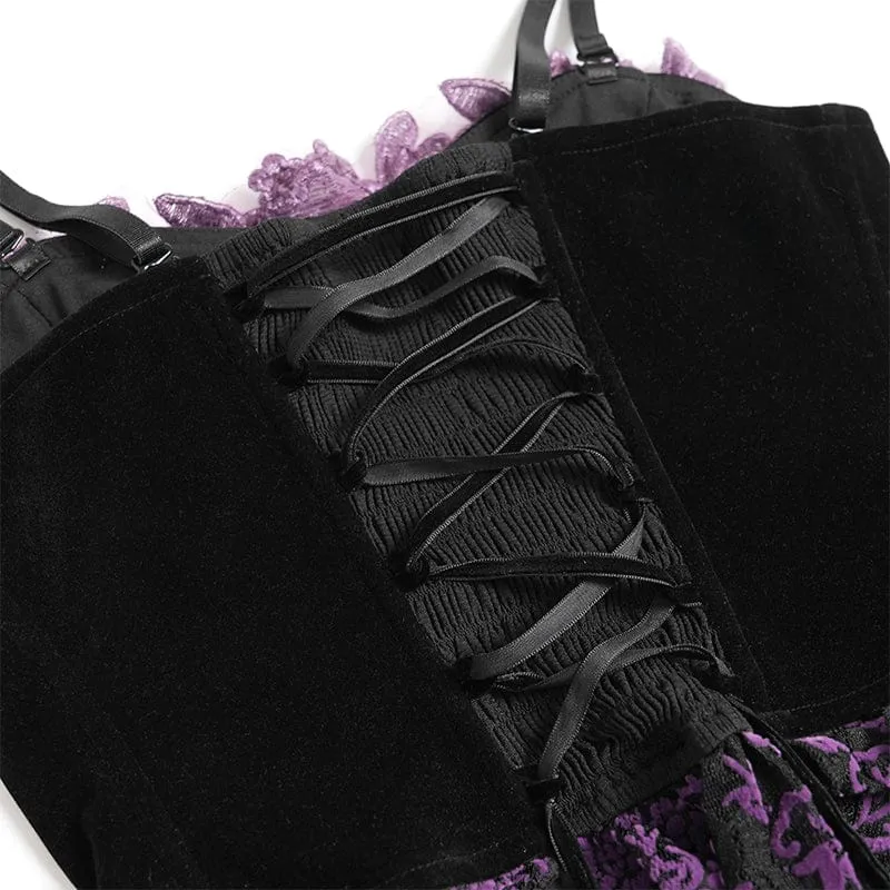 Gothic-Korsett für Damen mit Stickereien, Quasten und Schnürung, schwarz-lila