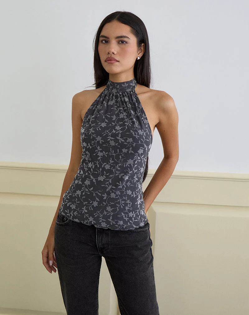 Burkie Neckholder-Top in Pretty Petal Flock Dunkelgrau