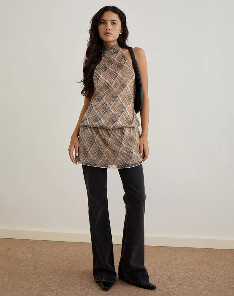 Briani Neckholderkleid aus kariertem Plissee Braun