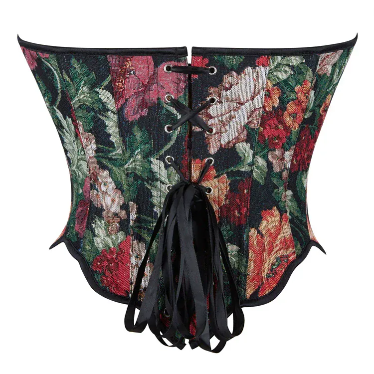 Gothic-Korsett für Damen mit Blumenmuster, unregelmäßiger Schnürung und Überbrustumfang