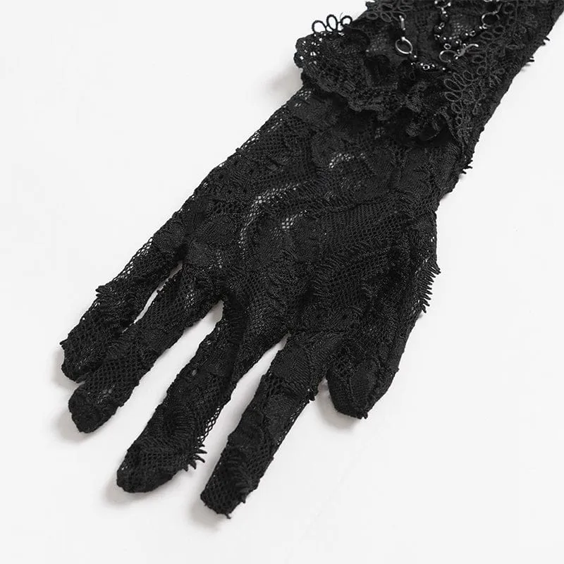 Lange gotische Damenhandschuhe mit Perlen- und Blumenstickerei