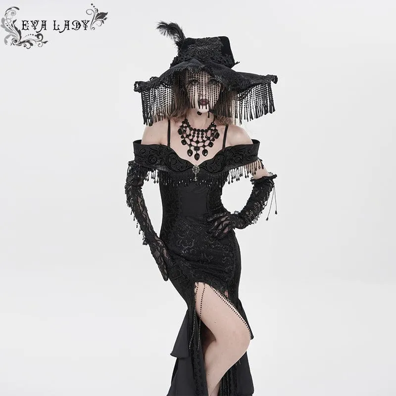 Gothic-Hexenhut für Damen mit Stickerei, Federquasten