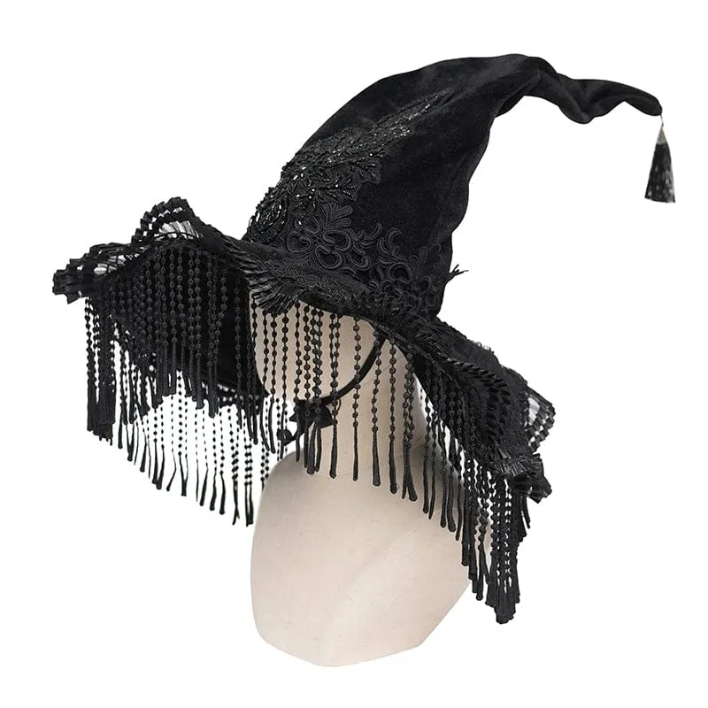 Gothic-Hexenhut für Damen mit Stickerei, Federquasten
