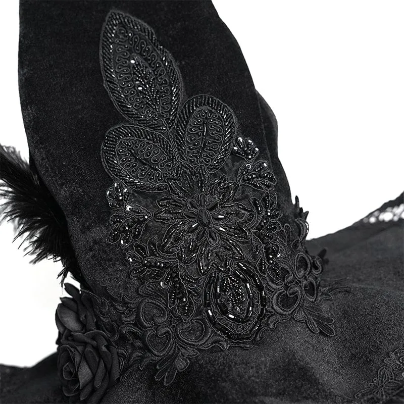 Gothic-Hexenhut für Damen mit Stickerei, Federquasten