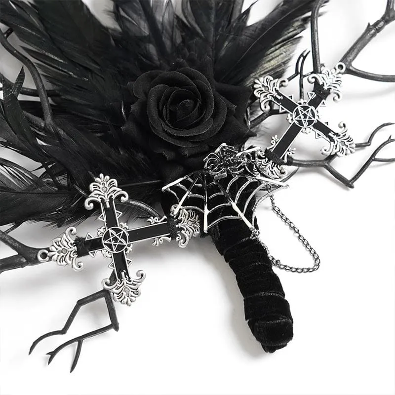 Gothic-Fächer für Damen mit Rosenfedern und dendritischem Design
