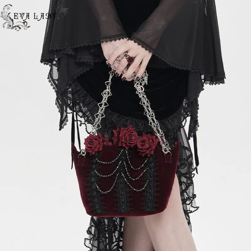Gothic-Tasche für Damen, rot, mit Rosenmuster, Perlen und Kette