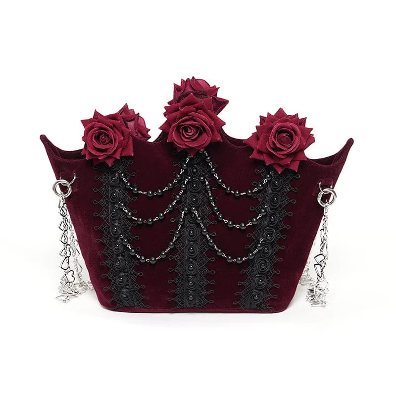 Gothic-Tasche für Damen, rot, mit Rosenmuster, Perlen und Kette