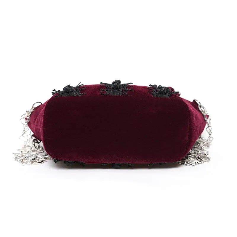Gothic-Tasche für Damen, rot, mit Rosenmuster, Perlen und Kette