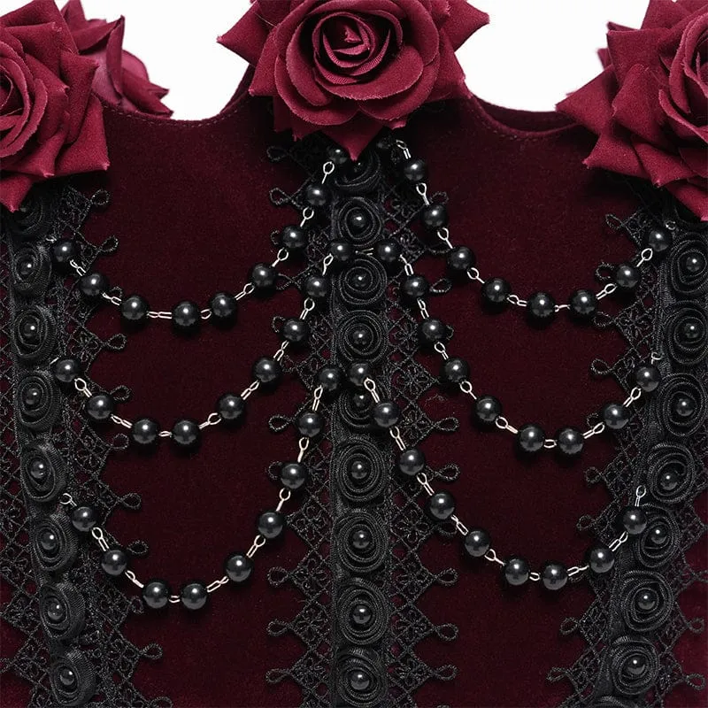 Gothic-Tasche für Damen, rot, mit Rosenmuster, Perlen und Kette