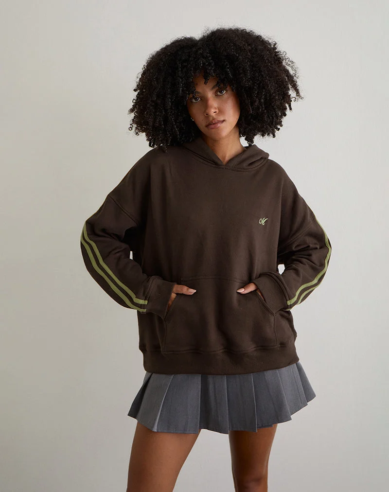 Lingwu Hoodie in Bitterschokolade mit grünem Einband und M-Stickerei