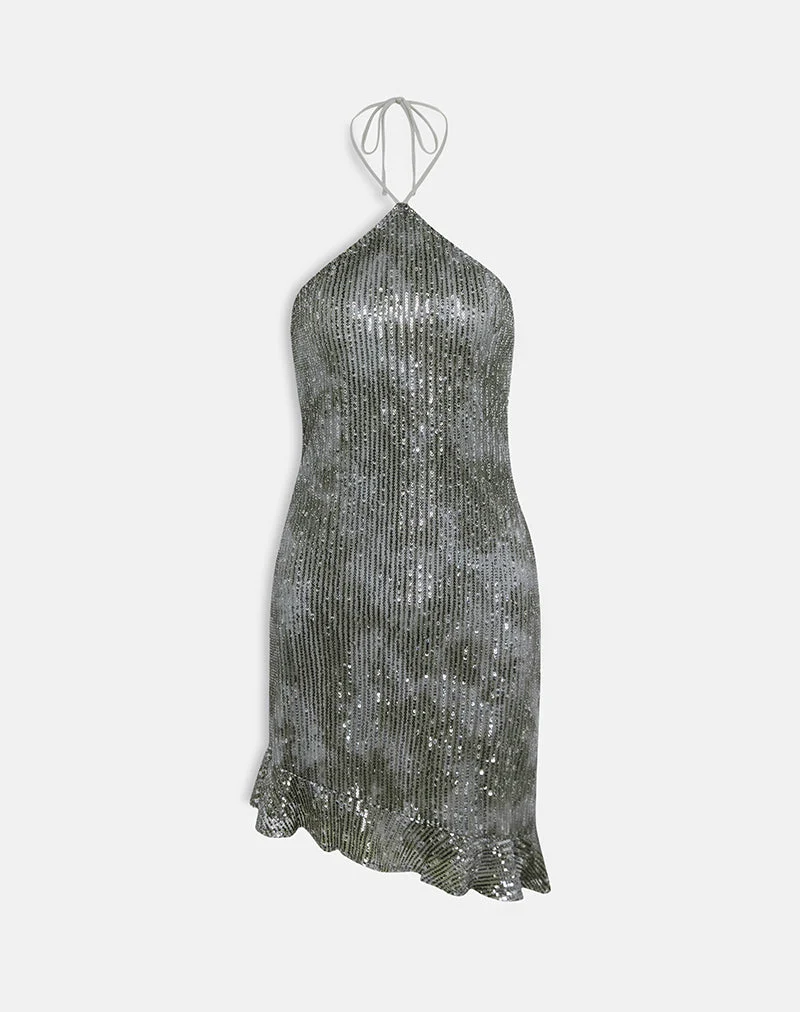 Dikta Asymmetrisches Minikleid aus Pailletten Grün Grau