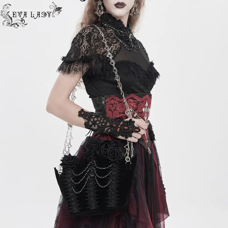 Schwarze gotische Damen-Tasche mit Rosenmuster, Perlen und Kette