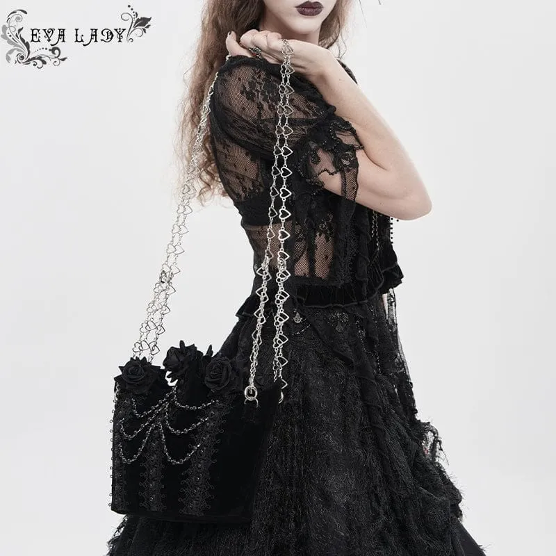 Schwarze gotische Damen-Tasche mit Rosenmuster, Perlen und Kette