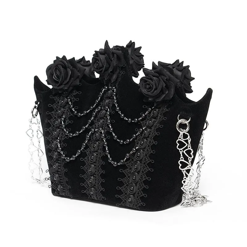 Schwarze gotische Damen-Tasche mit Rosenmuster, Perlen und Kette