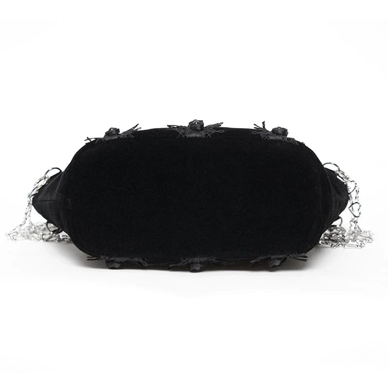 Schwarze gotische Damen-Tasche mit Rosenmuster, Perlen und Kette