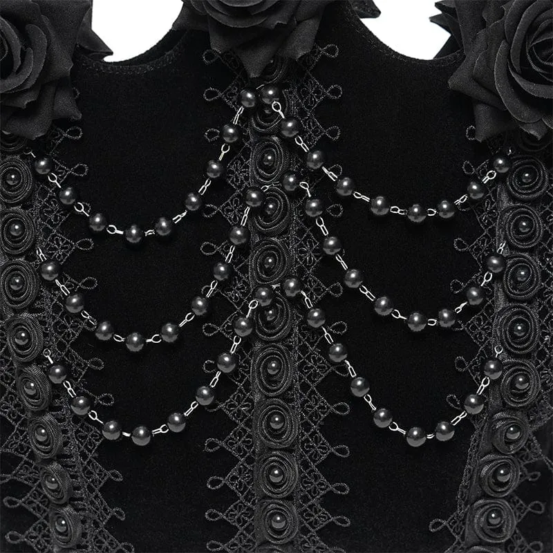 Schwarze gotische Damen-Tasche mit Rosenmuster, Perlen und Kette