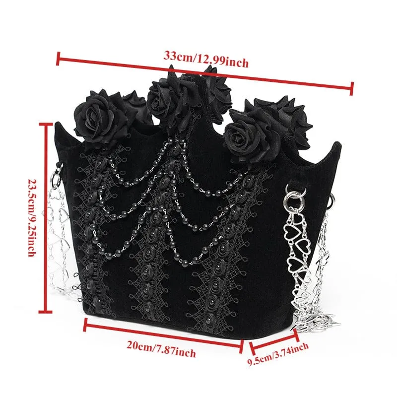Schwarze gotische Damen-Tasche mit Rosenmuster, Perlen und Kette