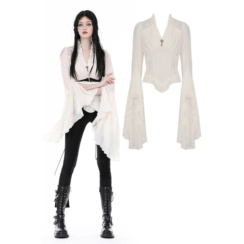 Steampunk-Shirt für Damen mit Rüschen, ausgestellten Ärmeln und V-Ausschnitt