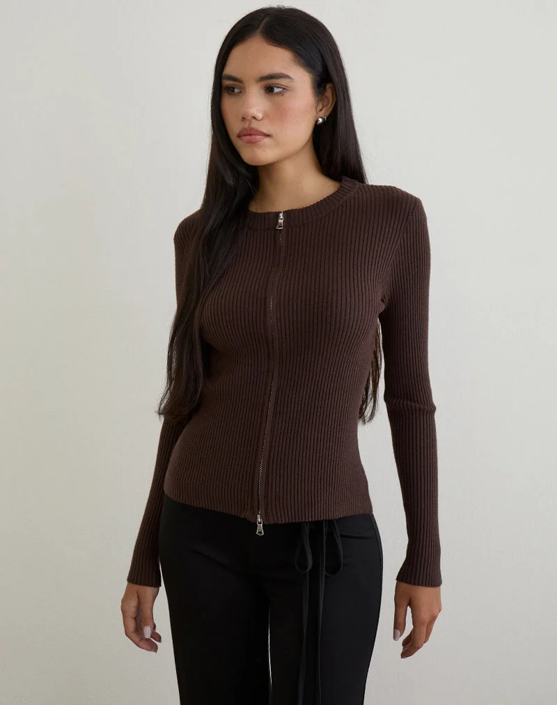 Liano Zip-Cardigan aus Rippenstrick Braun