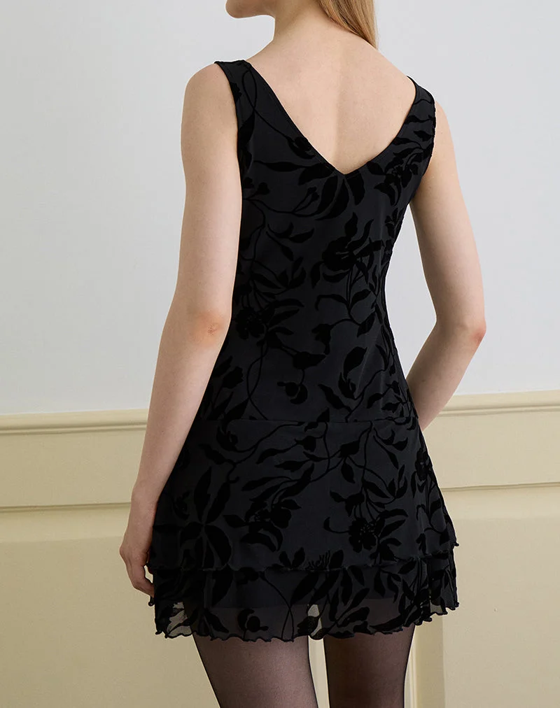 Rawson Minikleid in Flock Leaf Flower Schwarz